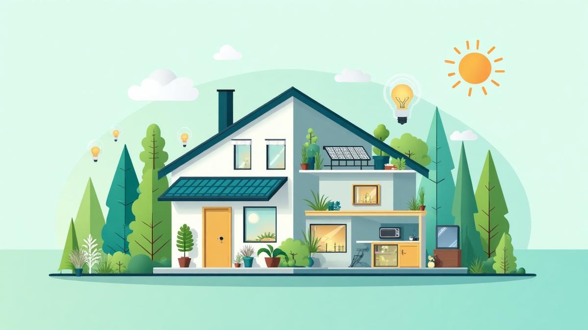 Energiatehokas koti esimerkki aurinkopaneeleilla, LED-valoilla ja älykkäillä energiansäästöratkaisuilla