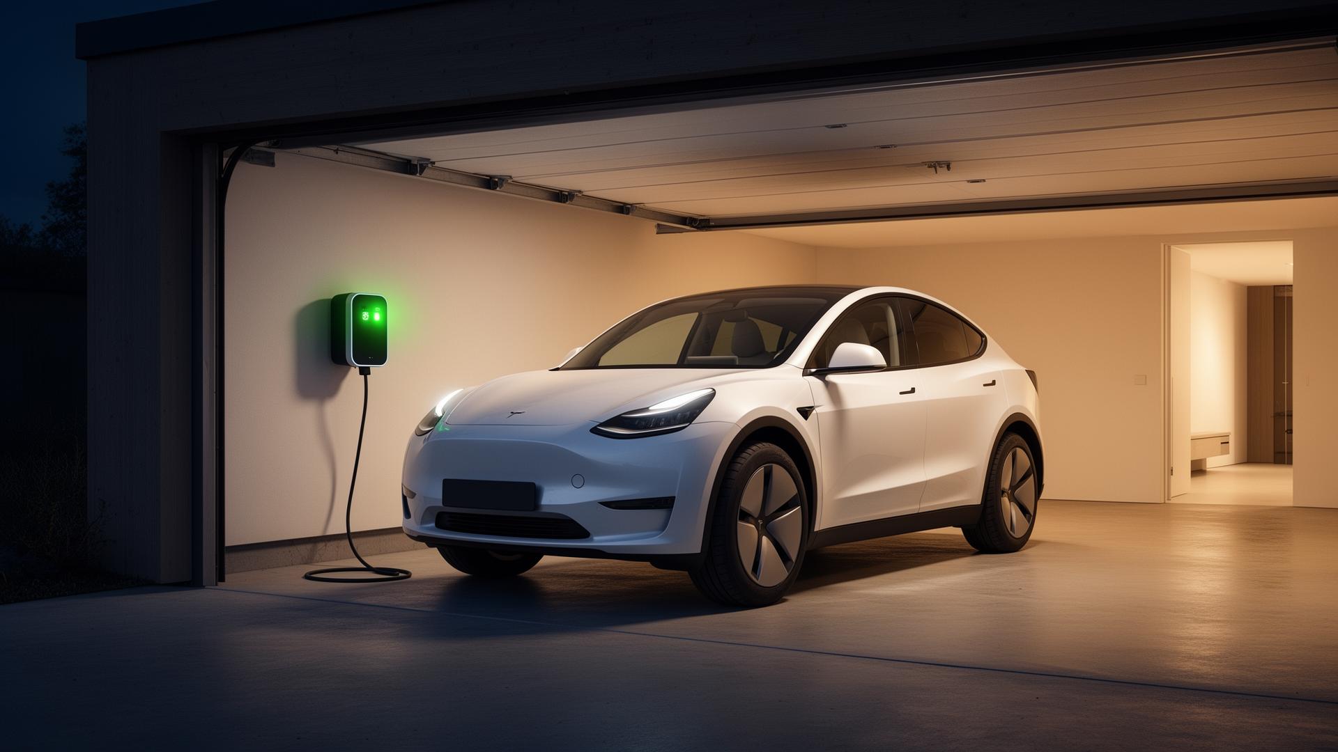 Sähköauto latauksessa kotona autotallissa yöllä – mukava ja edullinen kotilataus