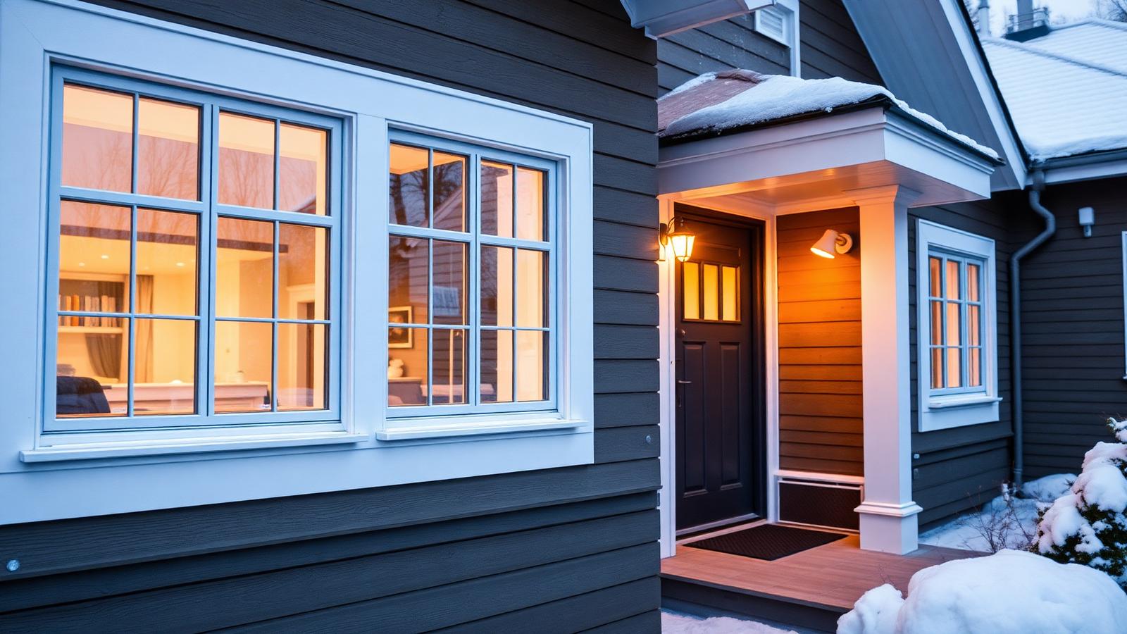 Modernit energiatehokkaat kolmilasi-ikkunat ja ulko-ovi omakotitalossa