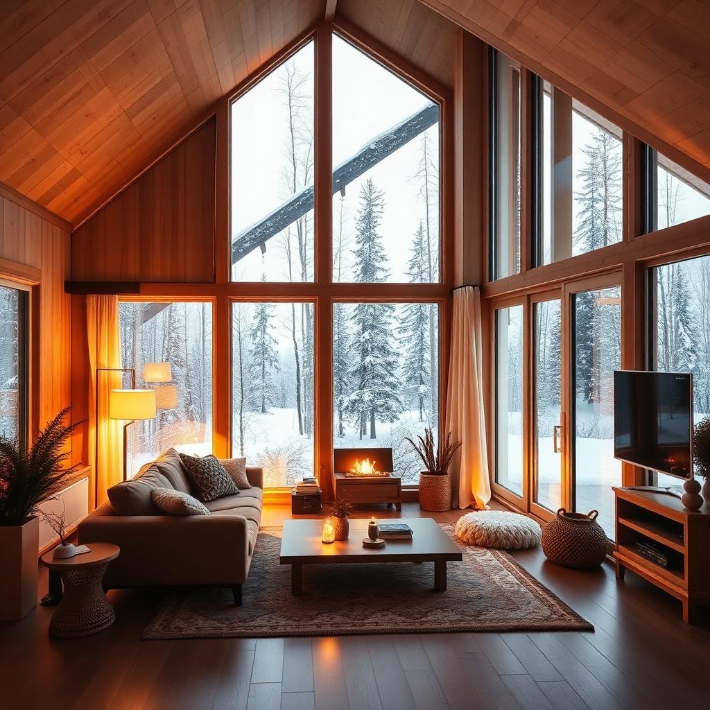 Kodikas suomalainen olohuone talvimaisemassa – ilmavesilämpöpumppu pitää kodin lämpimänä