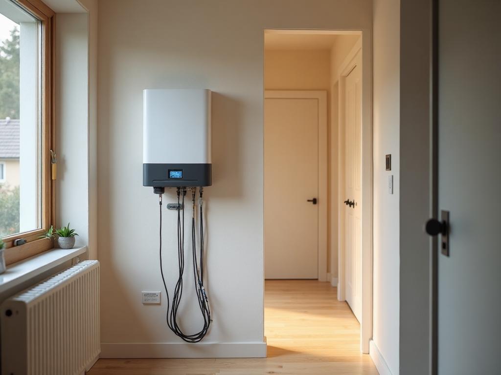 Ammattilainen asentaa aurinkosähköinvertteritä eteiseen paloturvalliseen paikkaan