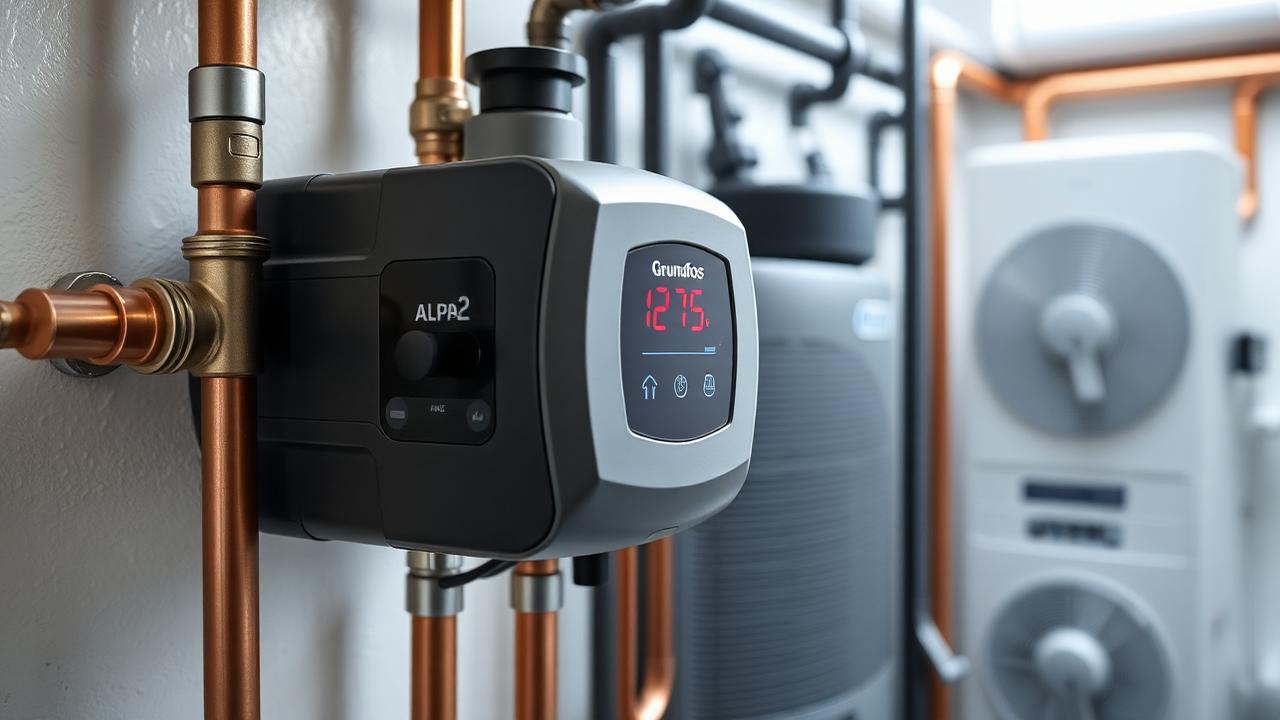 Kiertovesipumppu asennettuna omakotitalon teknisessä tilassa lämpöpumpun yhteydessä