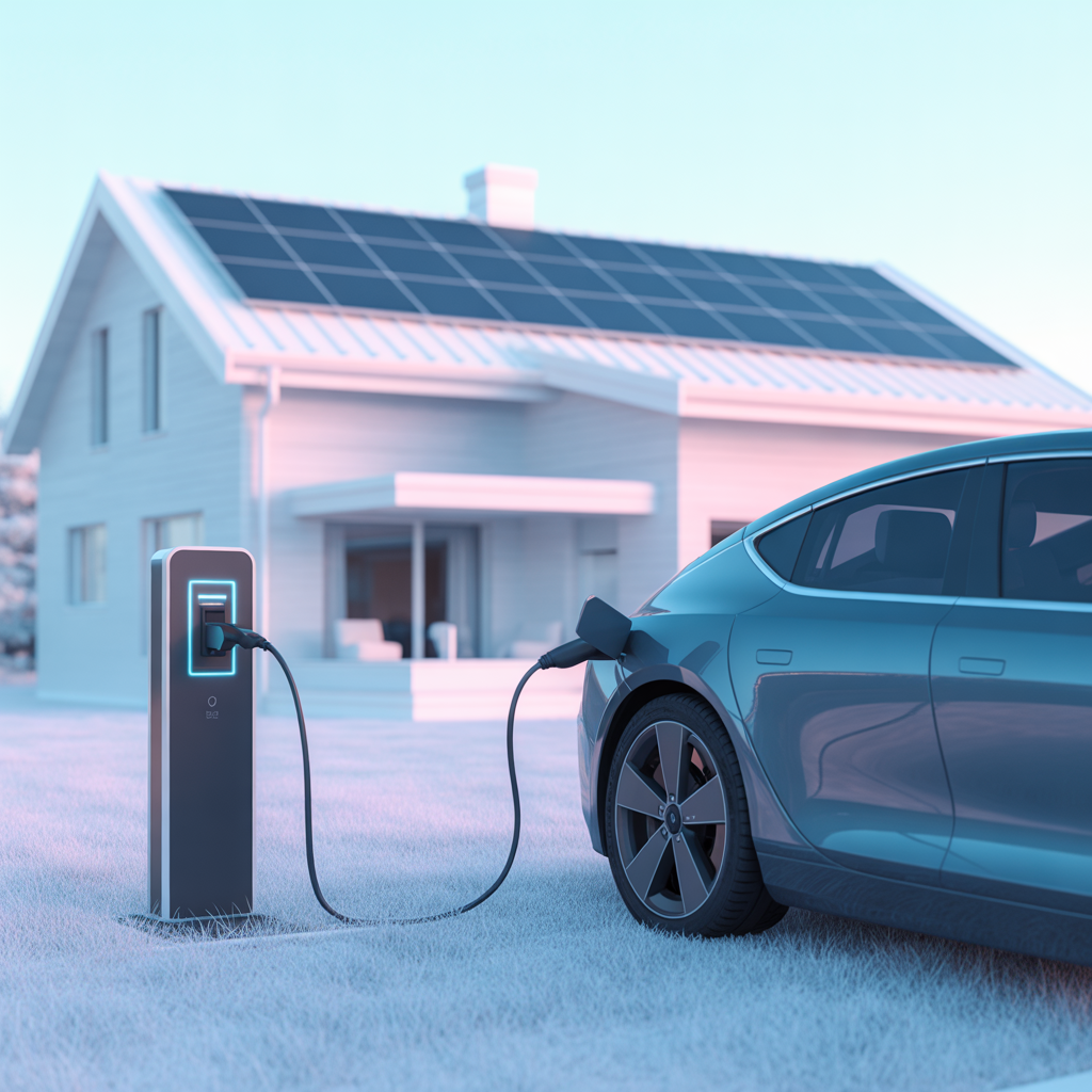 Sähköauto latautuu kotilatauksella aurinkopaneelien vieressä