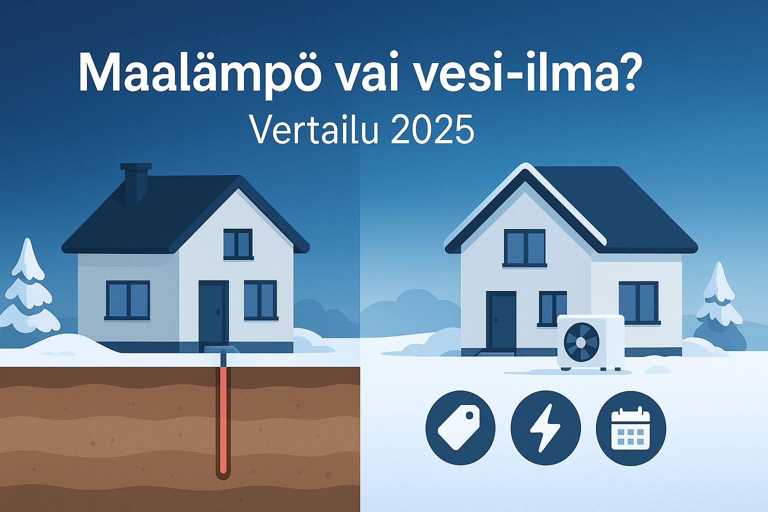 Maalämpöpumppu vs vesi-ilmalämpöpumppu vertailu - Kaksi taloa talvimaisemassa, vasemmalla maalämpö porakaivolla, oikealla vesi-ilma ulkoyksiköllä