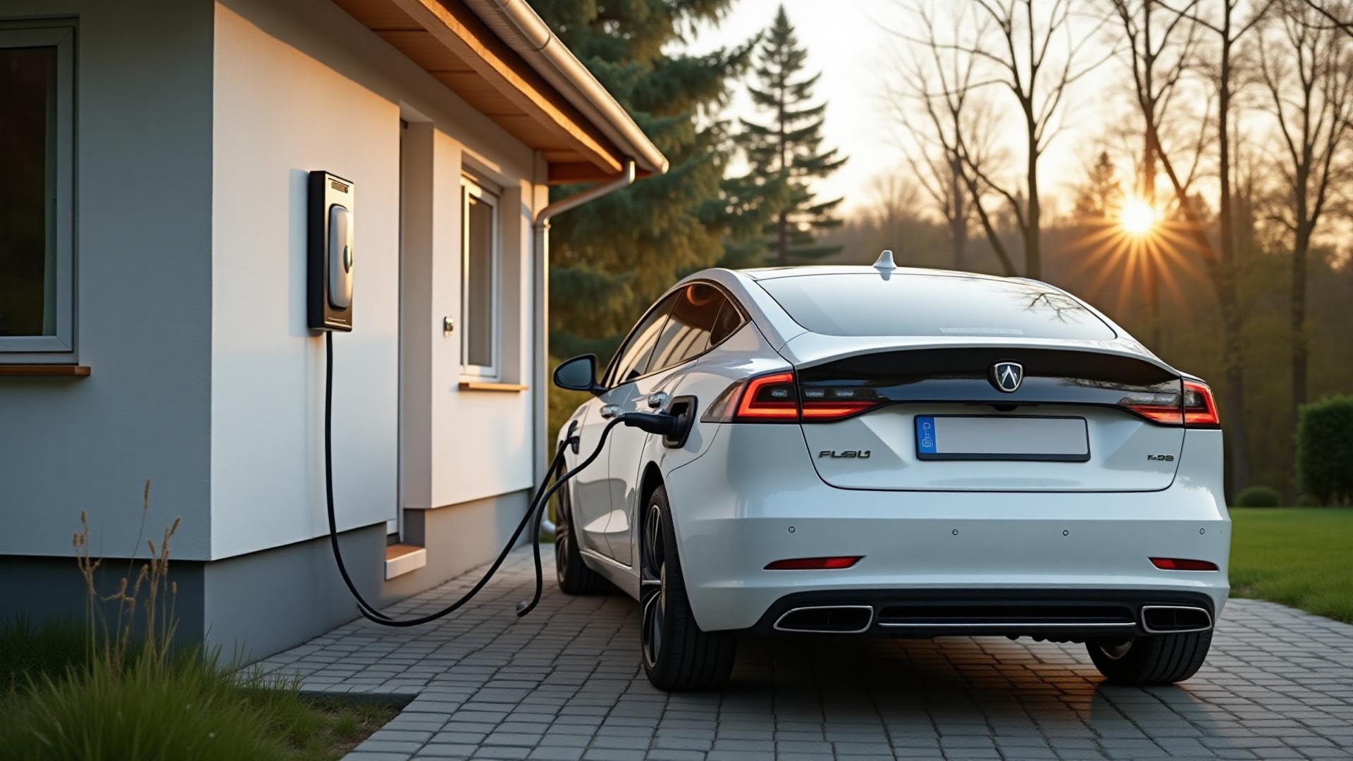 Sähköauto latautumassa kodin latausasemassa omakotitalon pihalla – kotilataus 2026