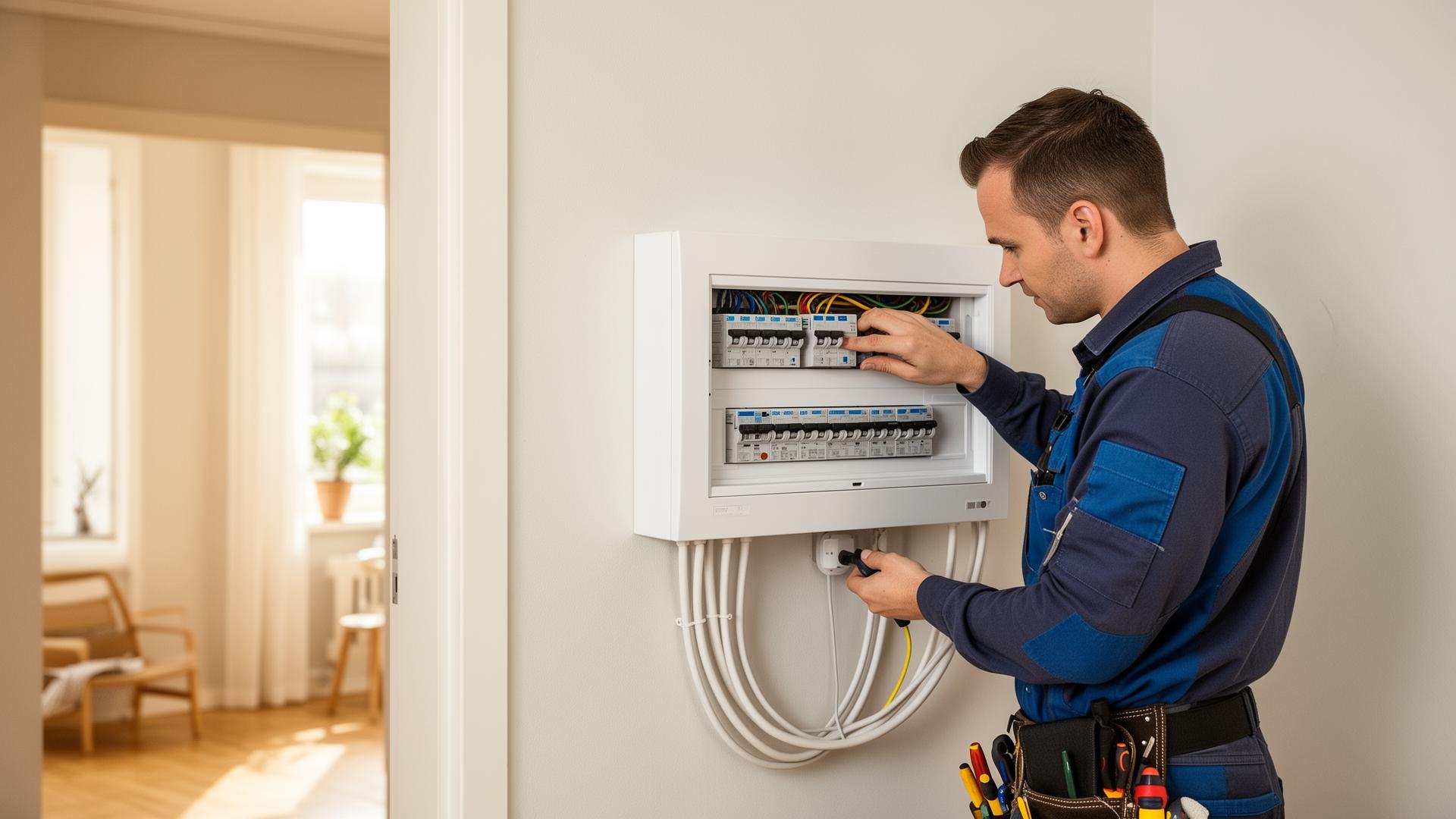 Sähköasentaja asentaa uutta sähkökeskusta omakotitaloon